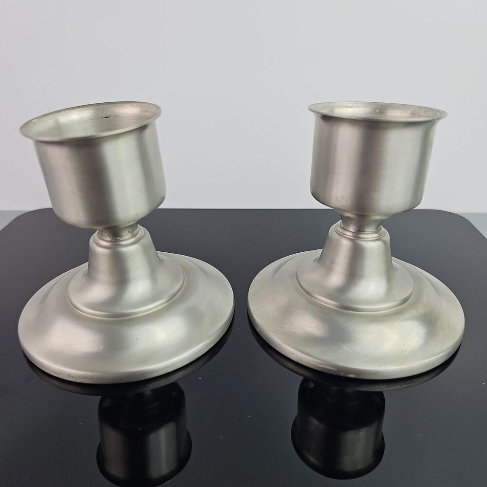 International Silver Co Pewter Satin Candle Stick Taper Holders 3.5 in Set of 2